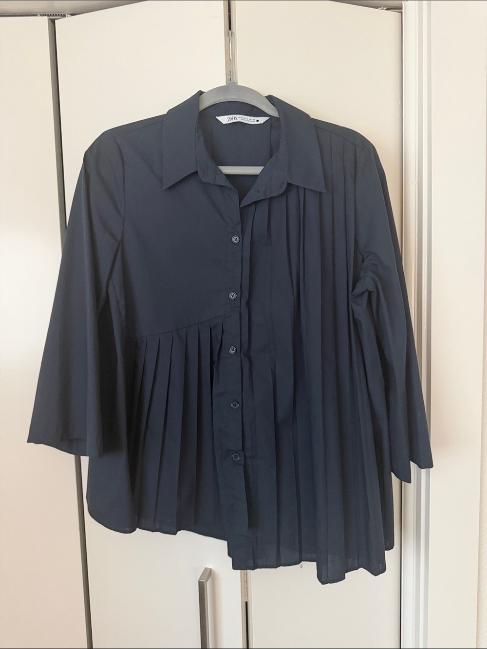 Zara Navy Asymmetrical Box Pleat Button Down Shirt, Size M